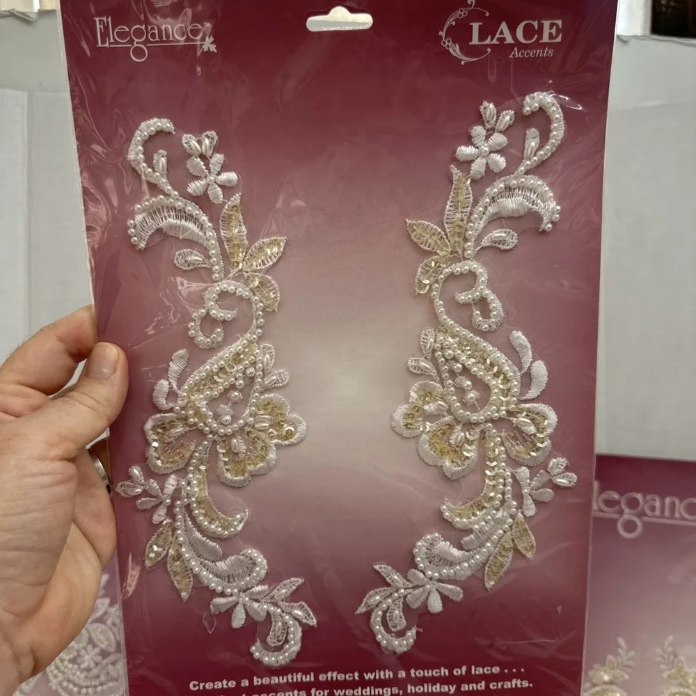 7 Packs Elegance Lace Accent Applique Sew On Embellishments Lot NOS Pearl Bridal